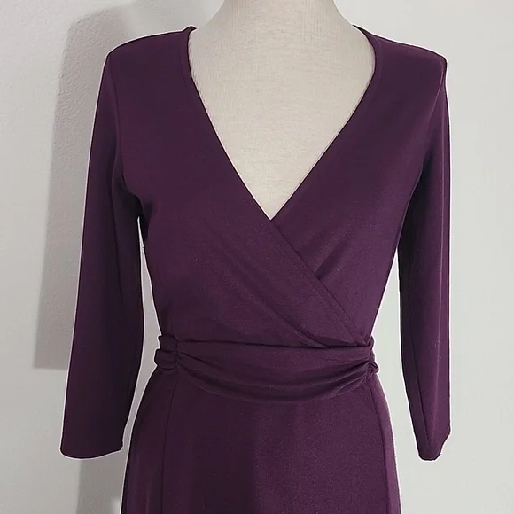 Lands' End Dress A-Line Stretchy Faux Belt 3/4 Sleeve Plum Size 4 - Picture 3 of 12